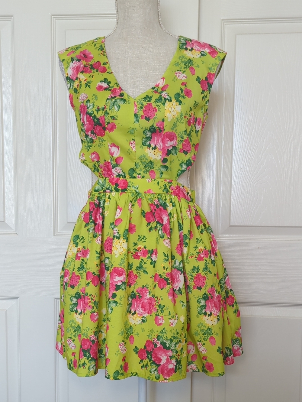 Banjul Bright Chartreuse Lime Green Floral Fit & Flare Dress Pink Bloom Print